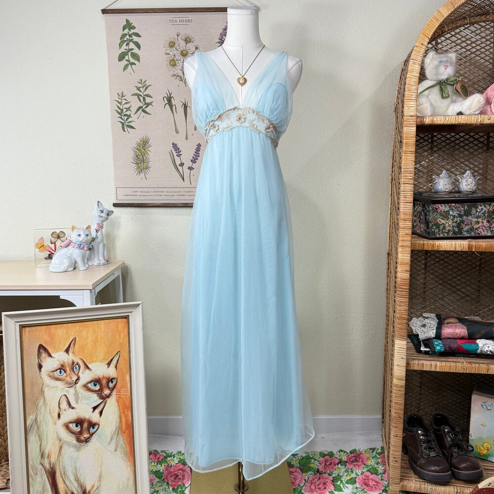 Vintage 70s Babydoll Maxi Nightgown Peignoir Lingerie Dress Ethereal Romantic S